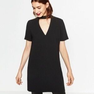 Zara Women’s Black Plunge Choker Deep V Neck Short Sleeve shift Dress Size XS